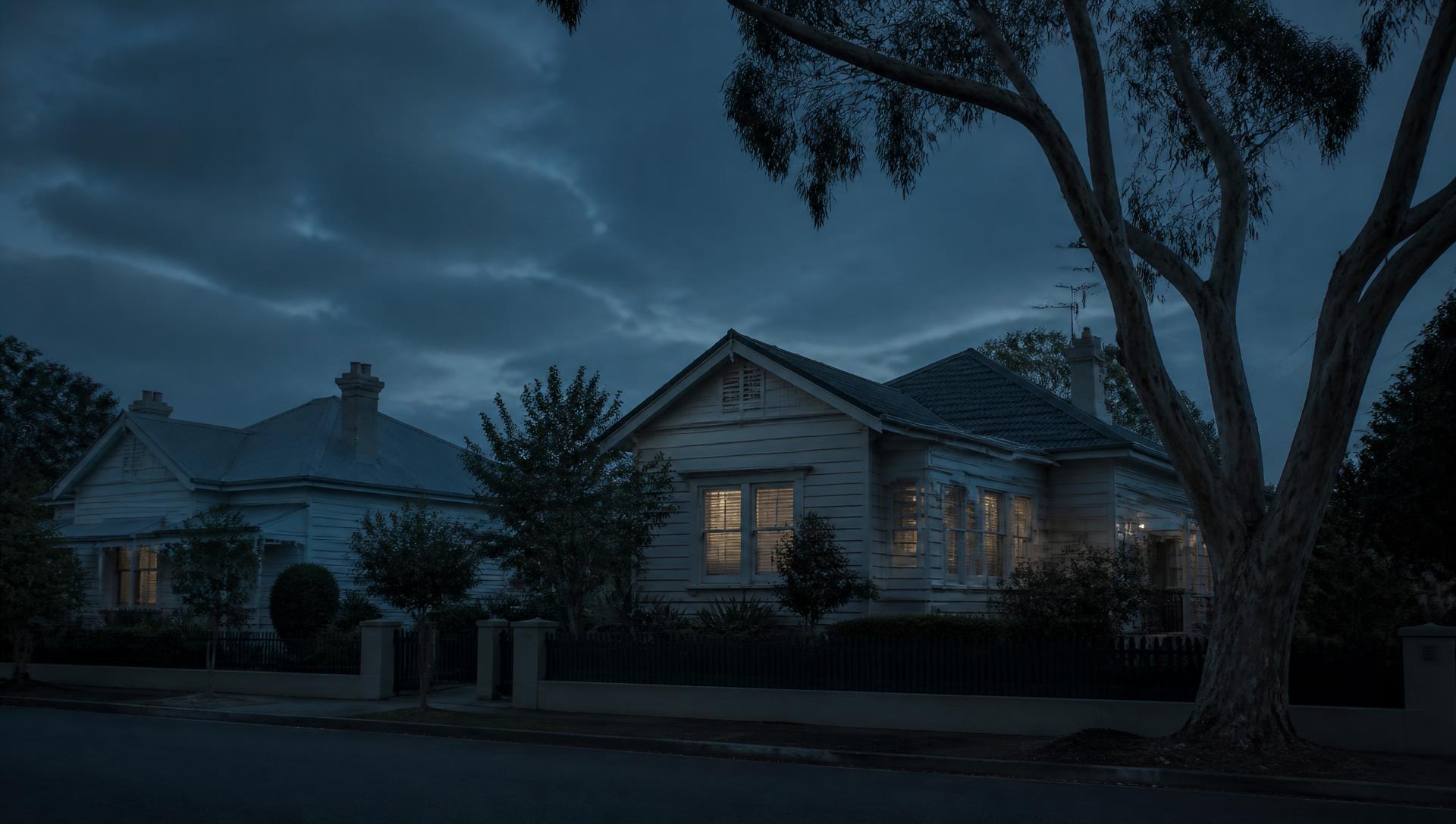 Single-storey Australian homes on a wide suburban street beneath gum trees